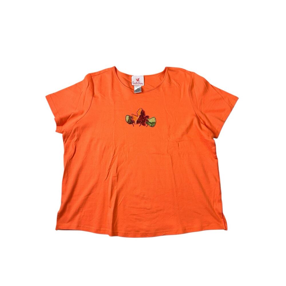 Quacker Factory Blouse 2X Orange Sequin Beaded Leaf Embellished Fall Top Slits